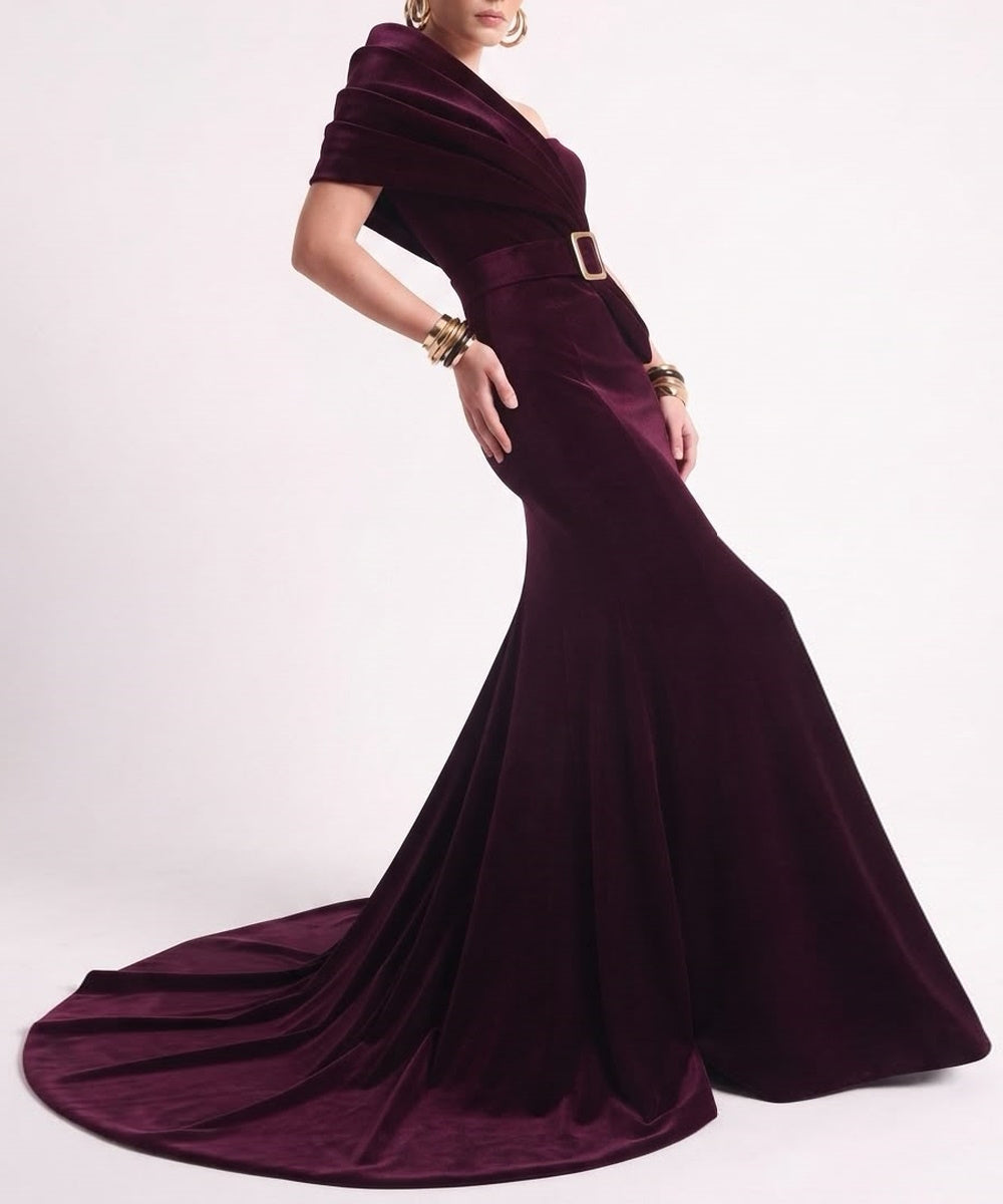 Burgundy Velvet Asymmetric One Shoulder Belted Mermaid Evening Gown with Train