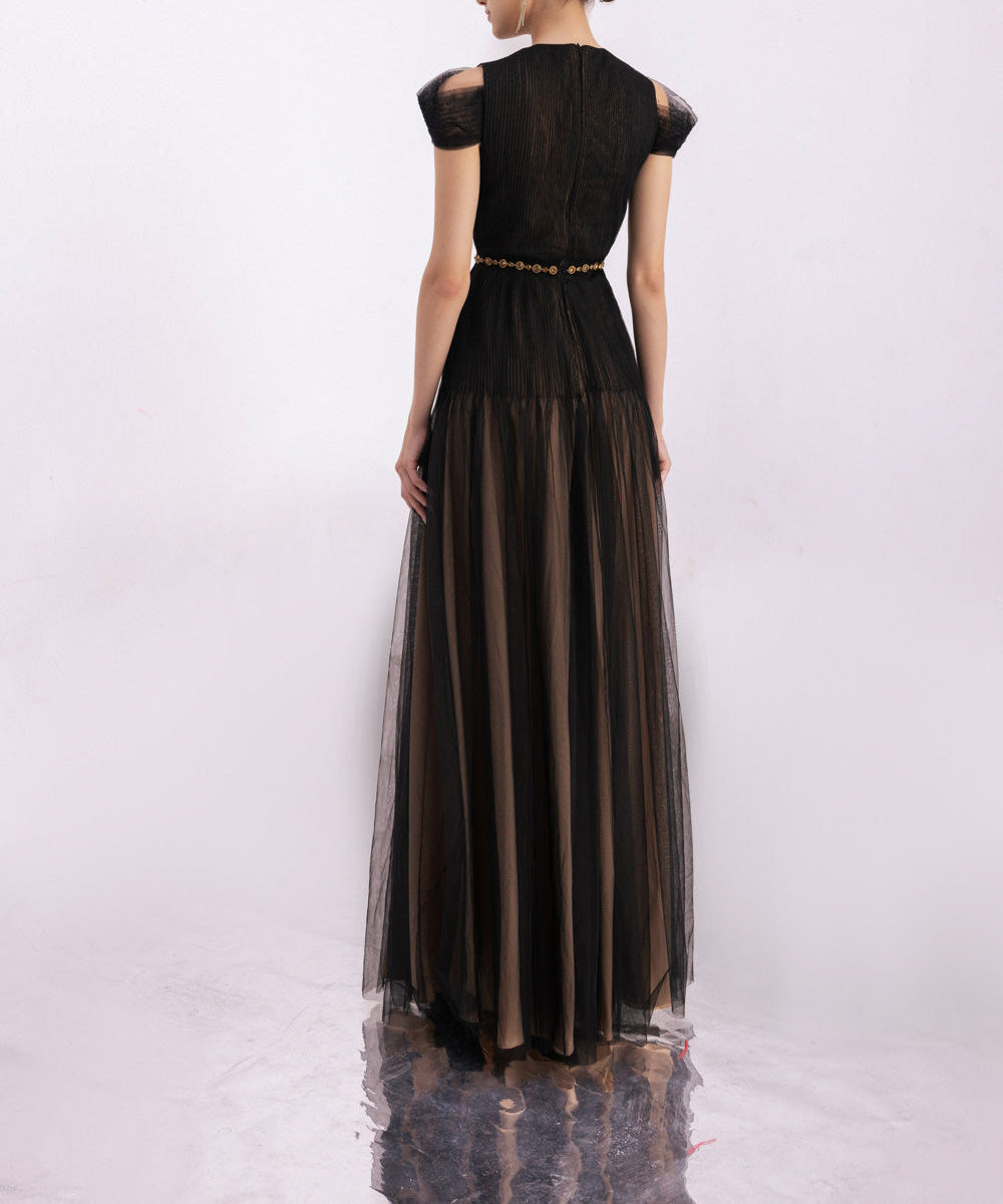 Black Pleated Tulle Deep V Gold Beaded A-Line Evening Gown