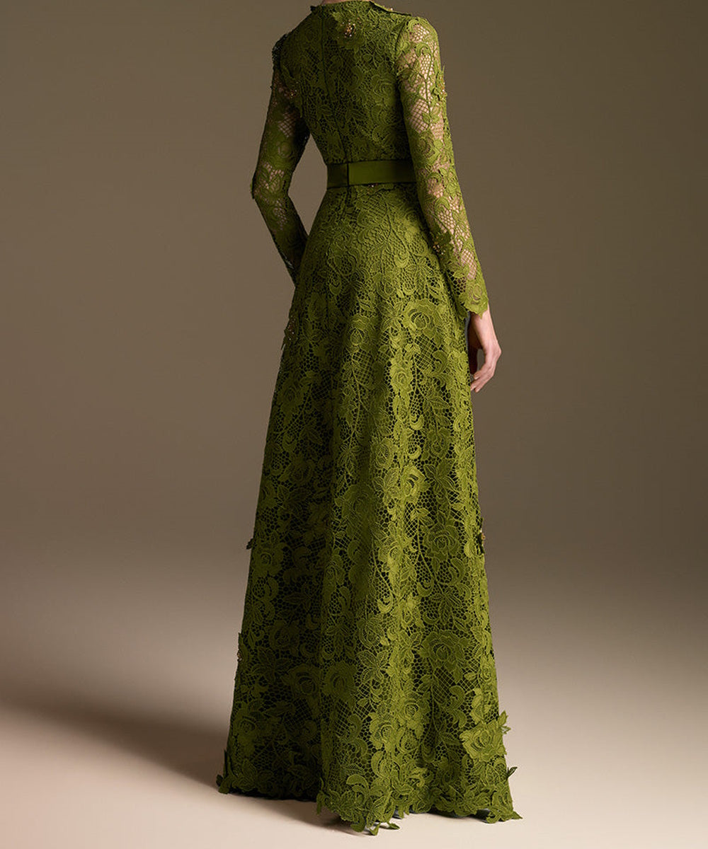 Olive Green Square Neck Long Sleeve Lace A-Line Evening Gown With Satin Belt