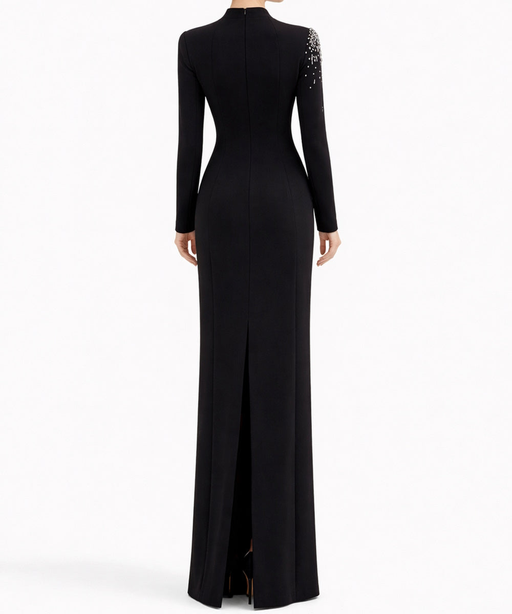 Black Asymmetric Mesh Cutout Rhinestone Long Sleeve Mermaid Evening Gown