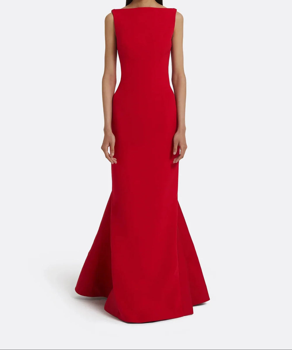 Red Sleeveless Boat Neck V-Back Flared Mermaid Maxi Evening Gown