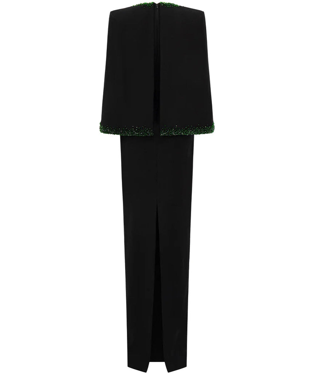 Black Deep V Cape Sleeve Emerald Green Rhinestone Waist Column Maxi Gown
