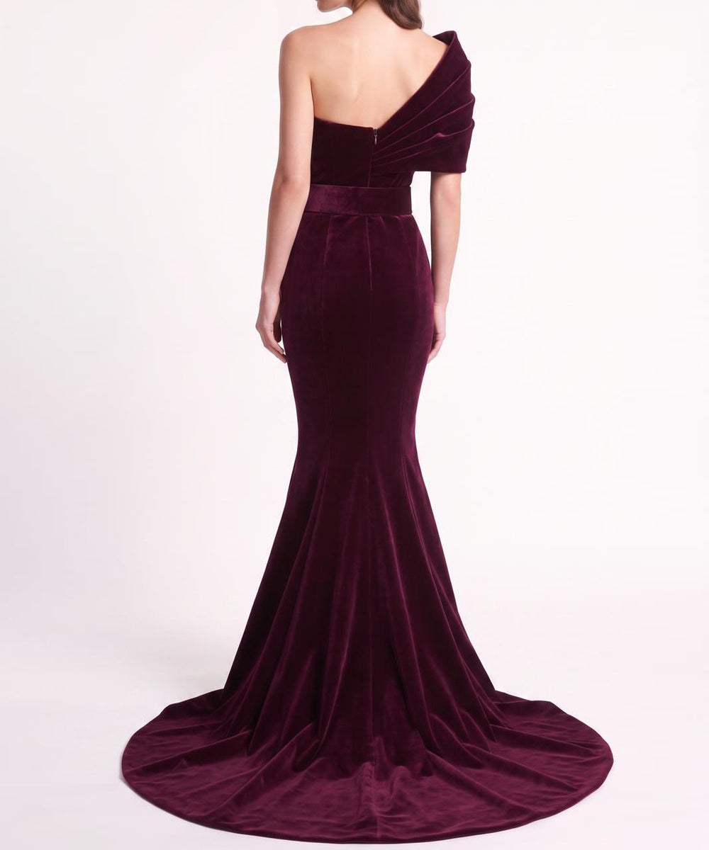 Burgundy Velvet Asymmetric One Shoulder Belted Mermaid Evening Gown with Train