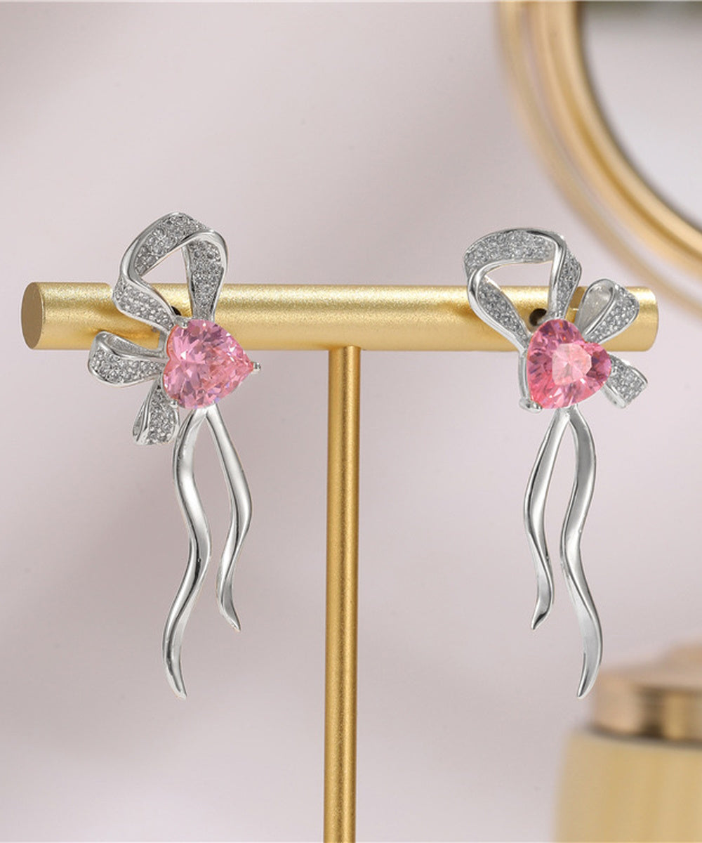 Pink Heart Crystal Pave Bow Wavy Ribbon Drop Dangle Earrings 2 Tone Gold Silver