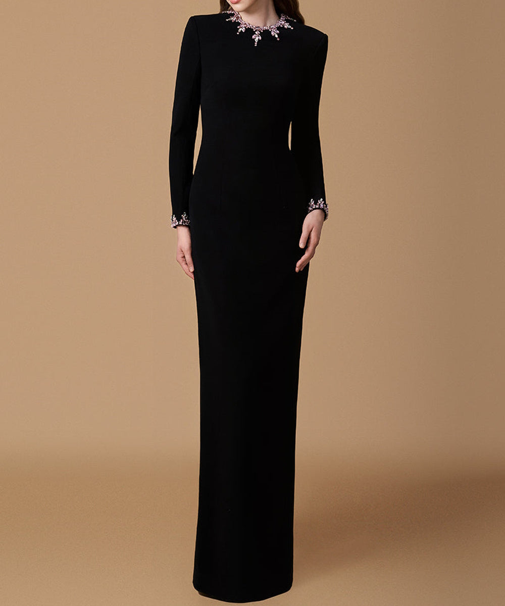 Black Long Sleeve High Neck Maxi Evening Gown With Pink Crystal Embellishments