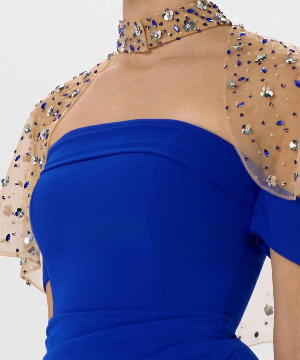 Strapless Royal Blue Slit Formal Gown With Detachable Beaded Tulle Cape