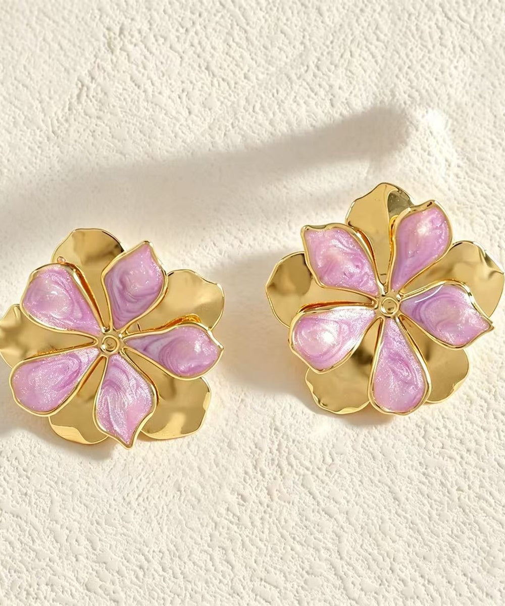 Two Layer Enamel Floral Gold Statement Stud Earrings Multi Pastel Colors