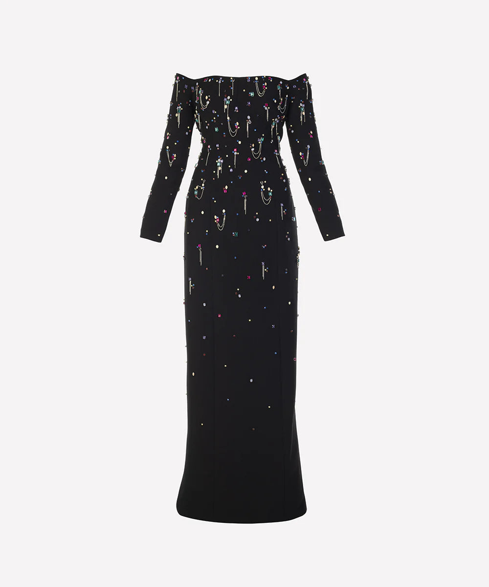 Black Off Shoulder Long Sleeve Multicolor Gem Chain Embellished Column Maxi Gown