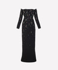 Black Off Shoulder Long Sleeve Multicolor Gem Chain Embellished Column Maxi Gown