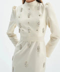 High Neck Puff Sleeve Rhinestone Feather Midi Formal Dress With Belt