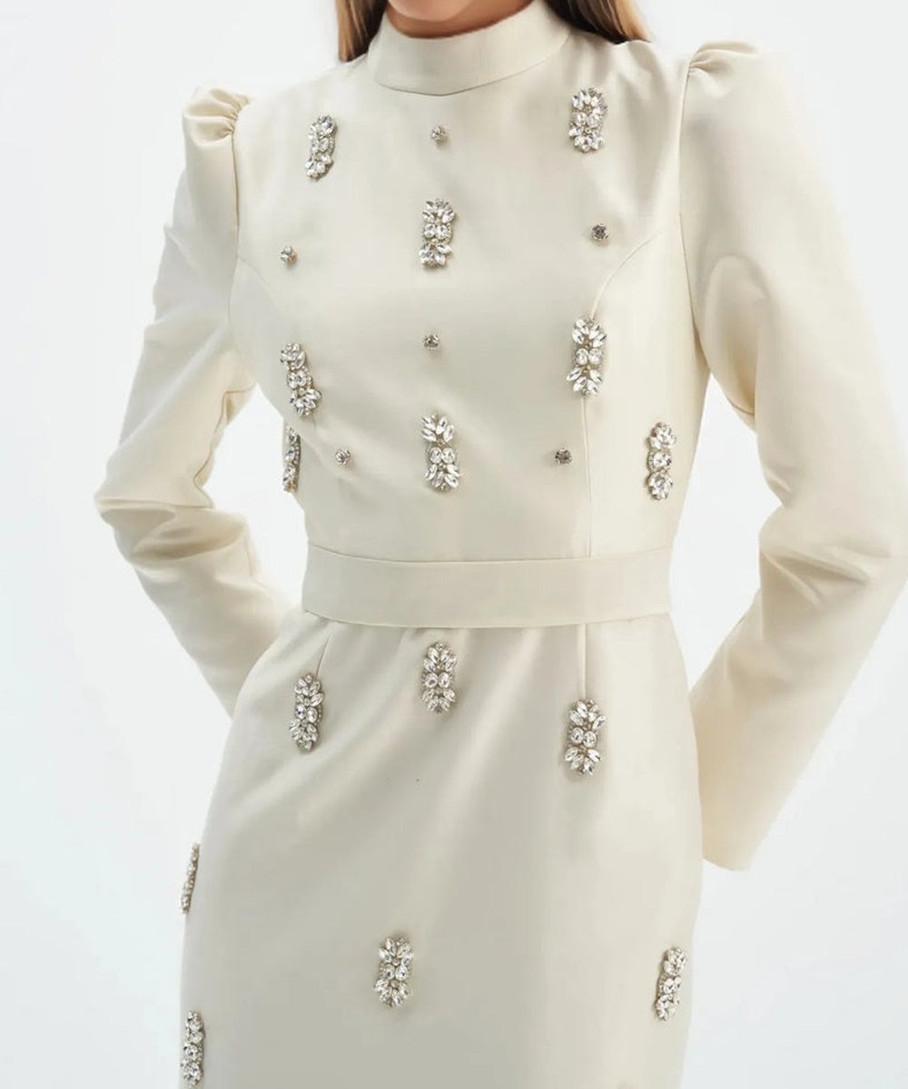 High Neck Puff Sleeve Rhinestone Feather Midi Formal Dress With Belt