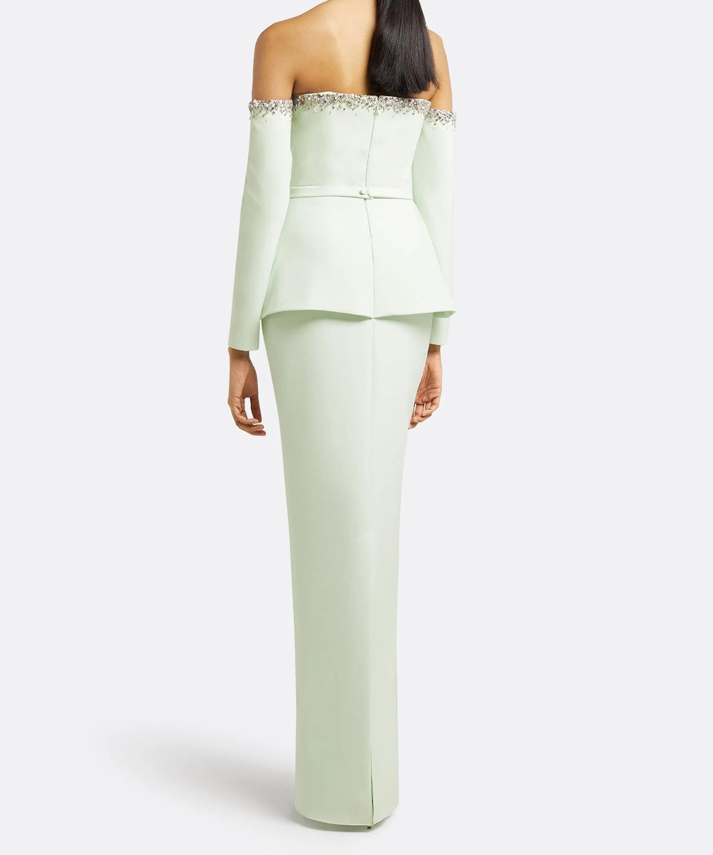 Mint Green Off The Shoulder Crystal Trim Peplum Column Maxi Evening Gown