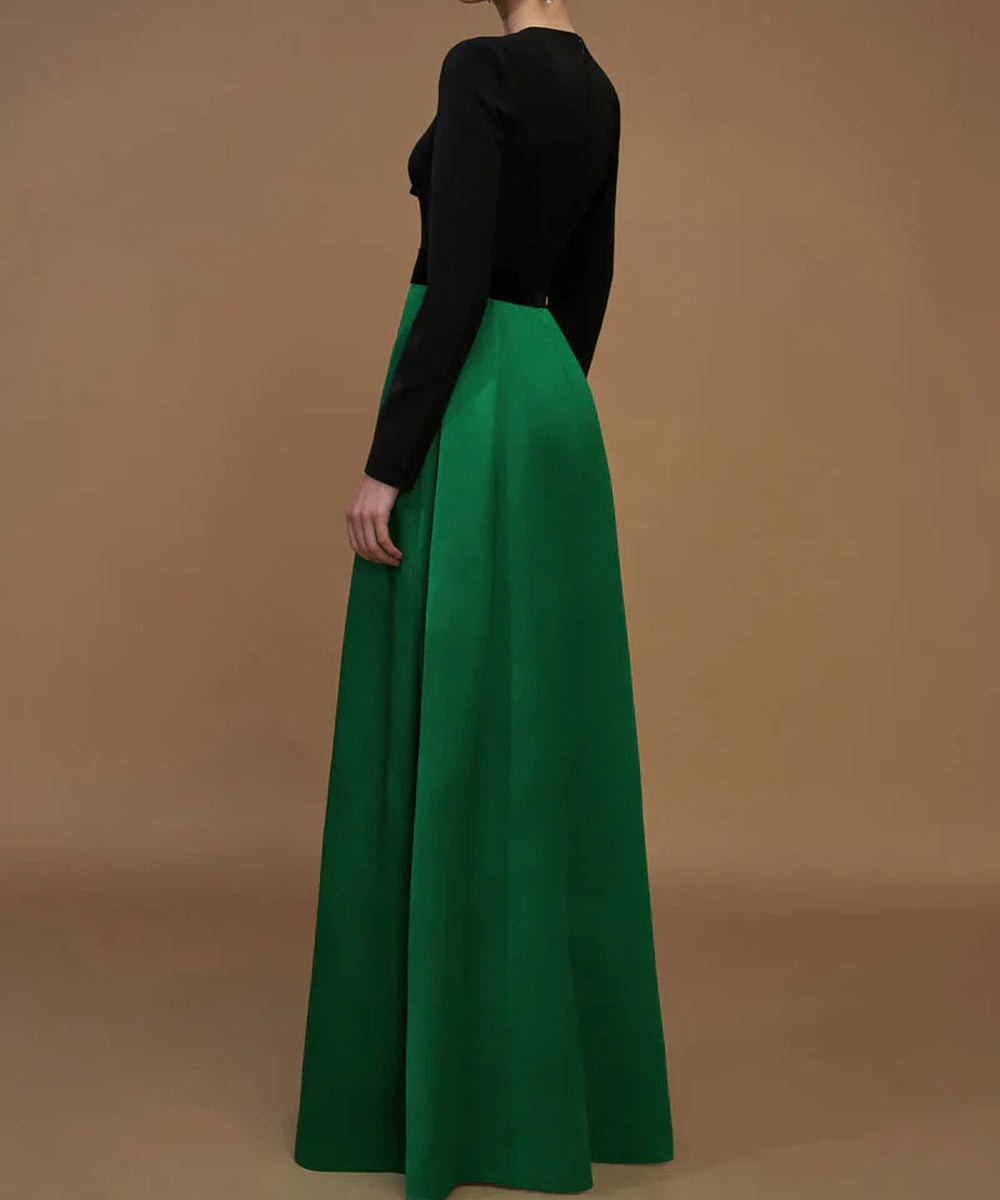 Black Green Color Block Velvet Bow Crystal Long Sleeve A-Line Maxi Evening Gown