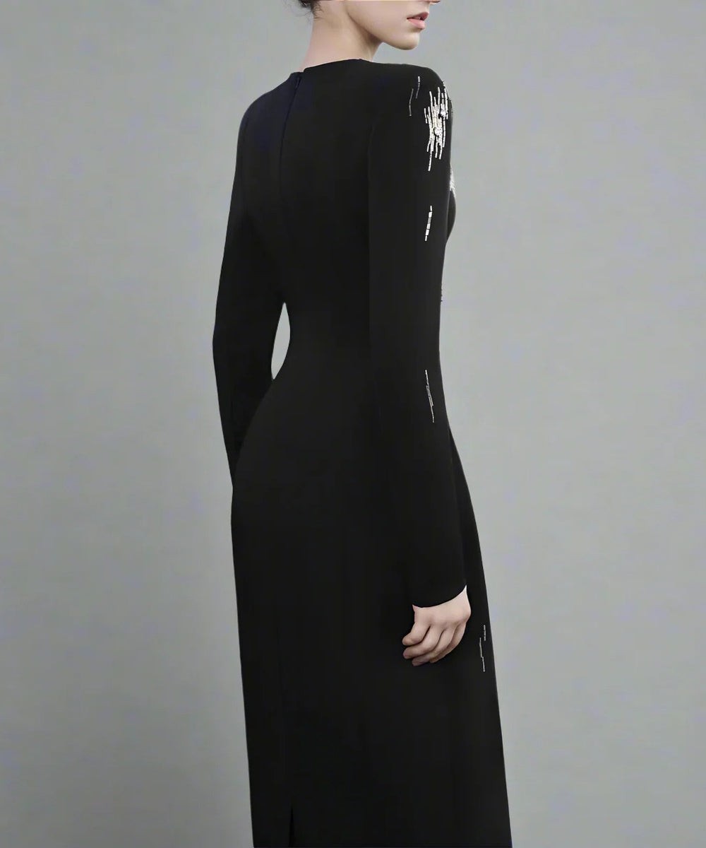 Black Structured Shoulder Long Sleeve Gold Streak Rhinestone Column Maxi Evening Gown