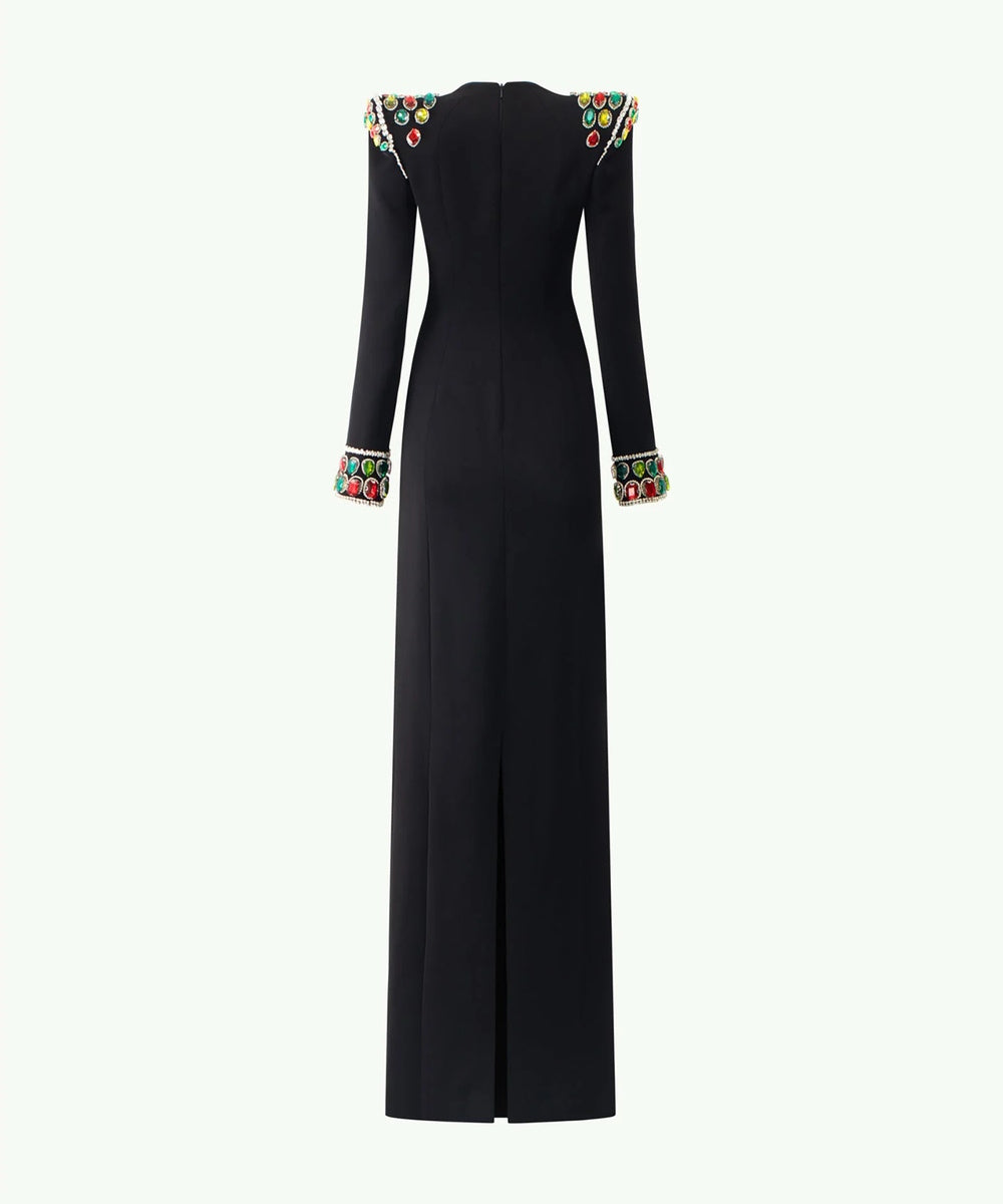 Black Square Neck Long Sleeve Column Maxi Gown With Multicolor Gem Embellished Shoulder & Cuffs