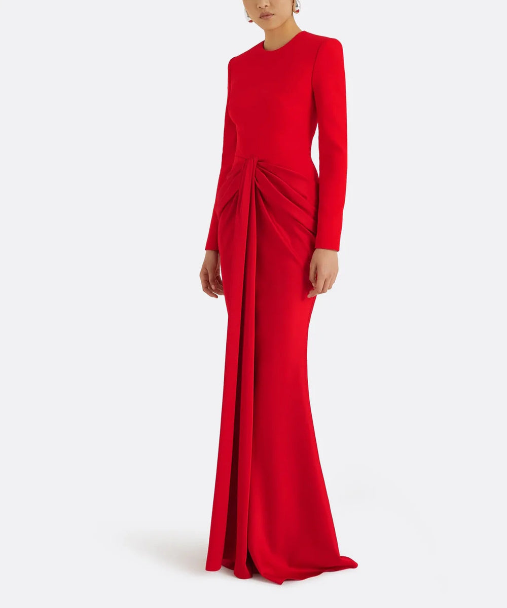 Bright Red Crew Neck Long Sleeve Waist Twist Draped Mermaid Train Evening Gown