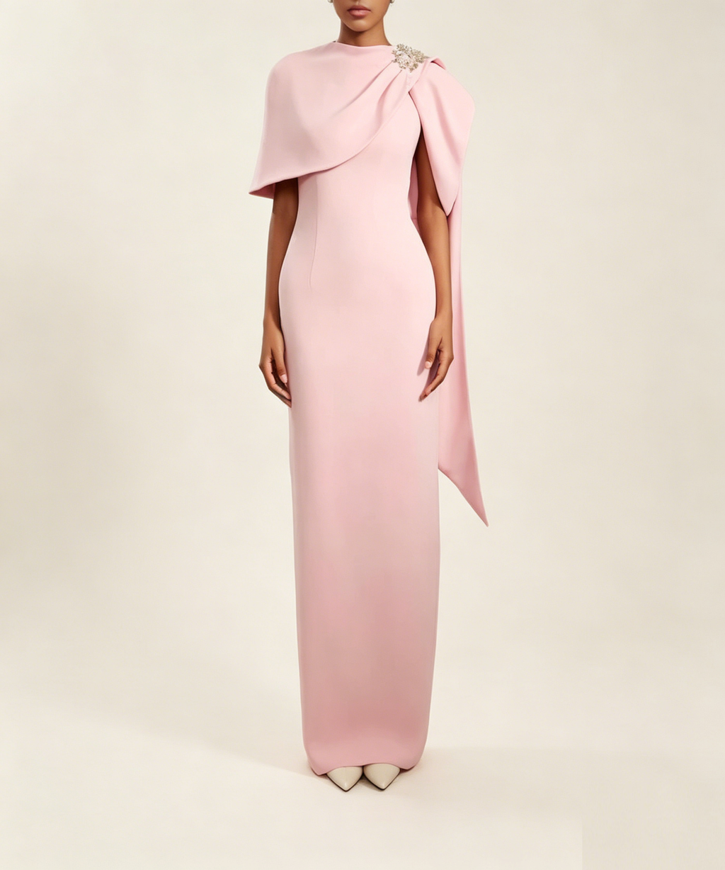Draped Shoulder Crystal Embellished Pink Formal Maxi Dress