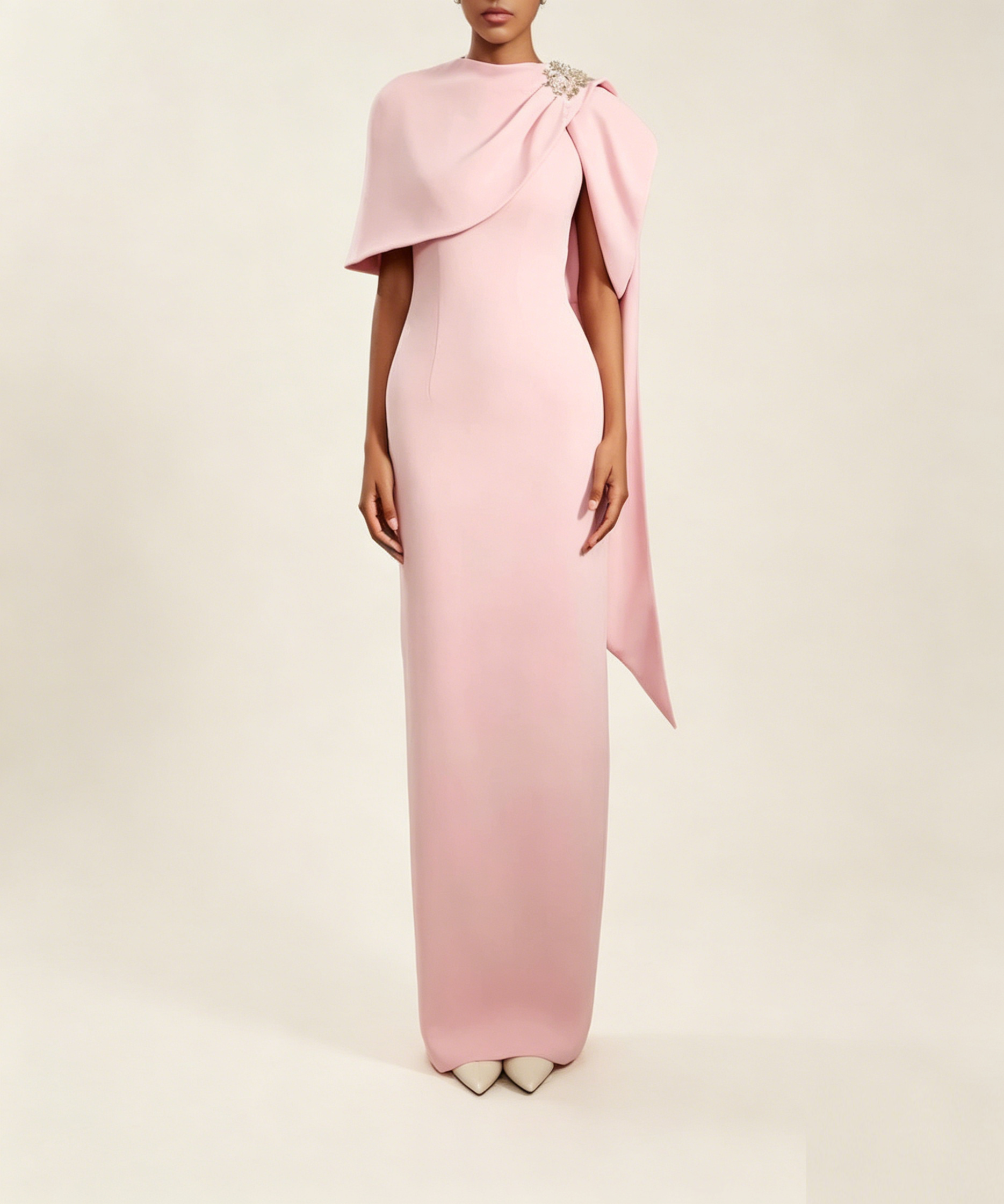 Draped Shoulder Crystal Embellished Pink Formal Maxi Dress
