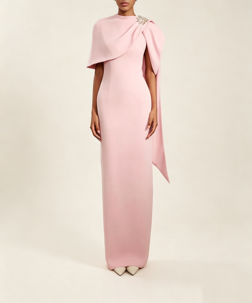 Draped Shoulder Crystal Embellished Pink Formal Maxi Dress