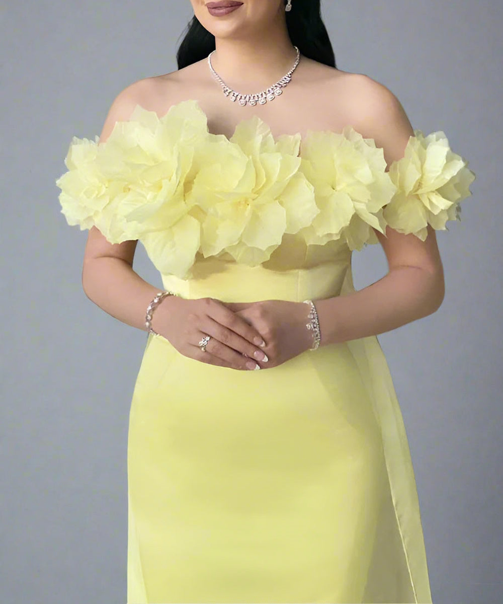 Pale Yellow Off The Shoulder 3D Floral Mermaid Gown With Sheer Overskirt Train