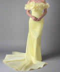Pale Yellow Off The Shoulder 3D Floral Mermaid Gown With Sheer Overskirt Train