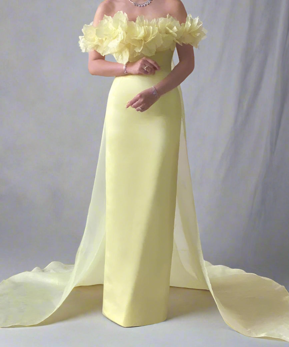 Pale Yellow Off The Shoulder 3D Floral Mermaid Gown With Sheer Overskirt Train