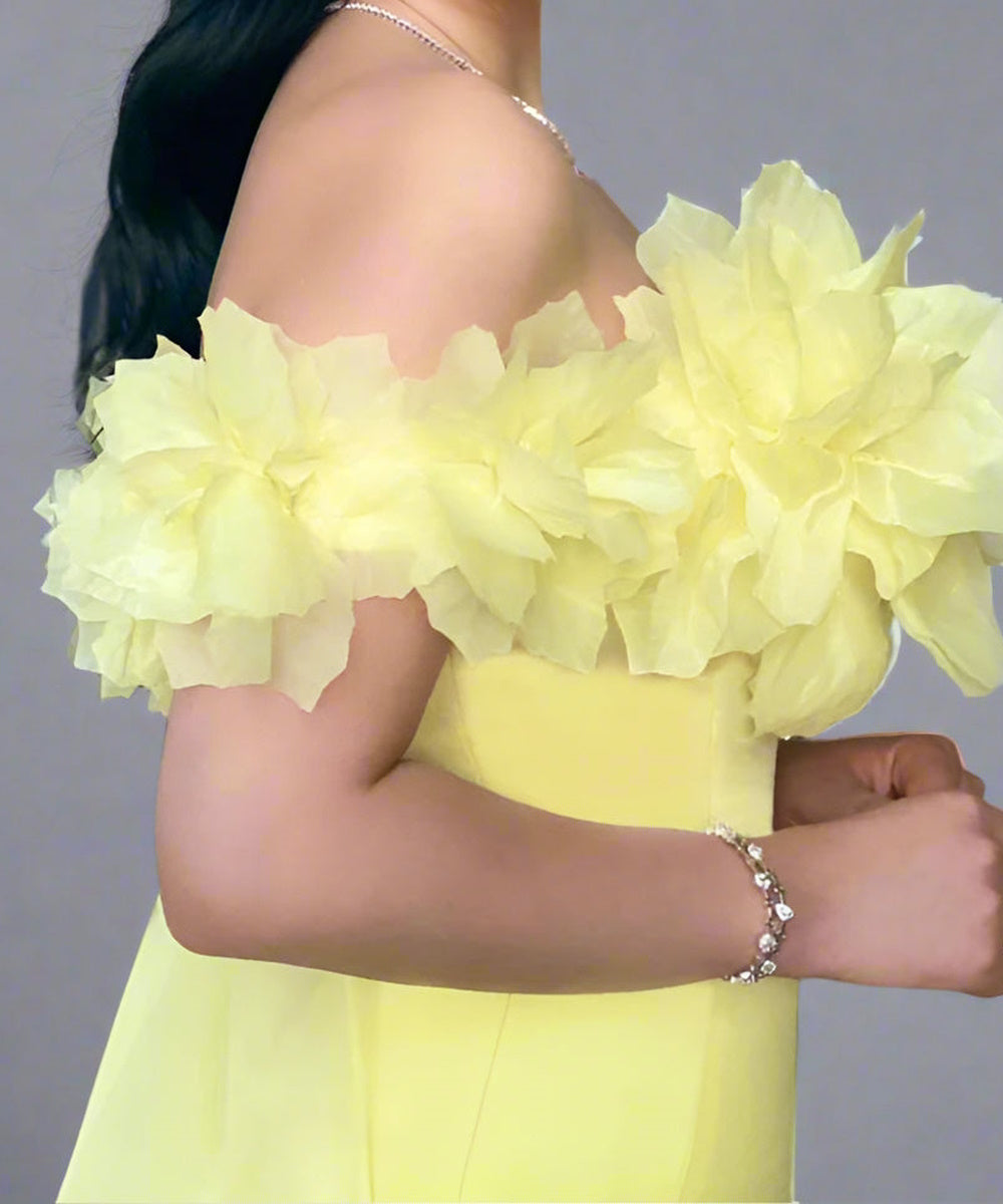 Pale Yellow Off The Shoulder 3D Floral Mermaid Gown With Sheer Overskirt Train