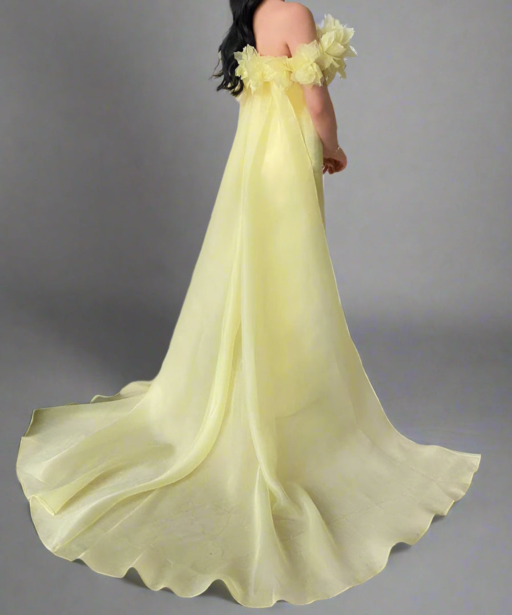 Pale Yellow Off The Shoulder 3D Floral Mermaid Gown With Sheer Overskirt Train