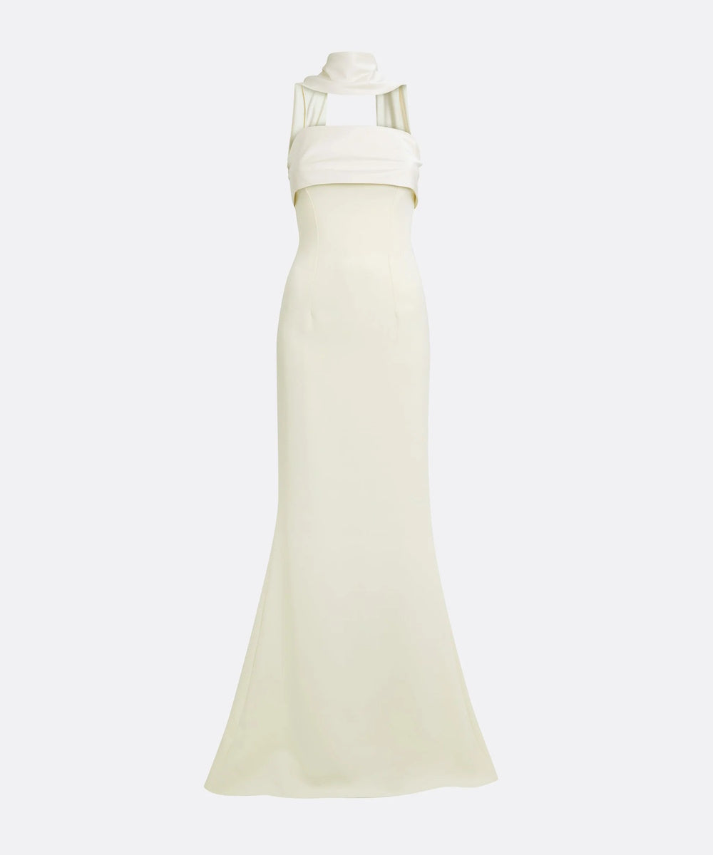 Cream Strapless Fold Bodice Neck Sash Trailing Mermaid Maxi Evening Gown