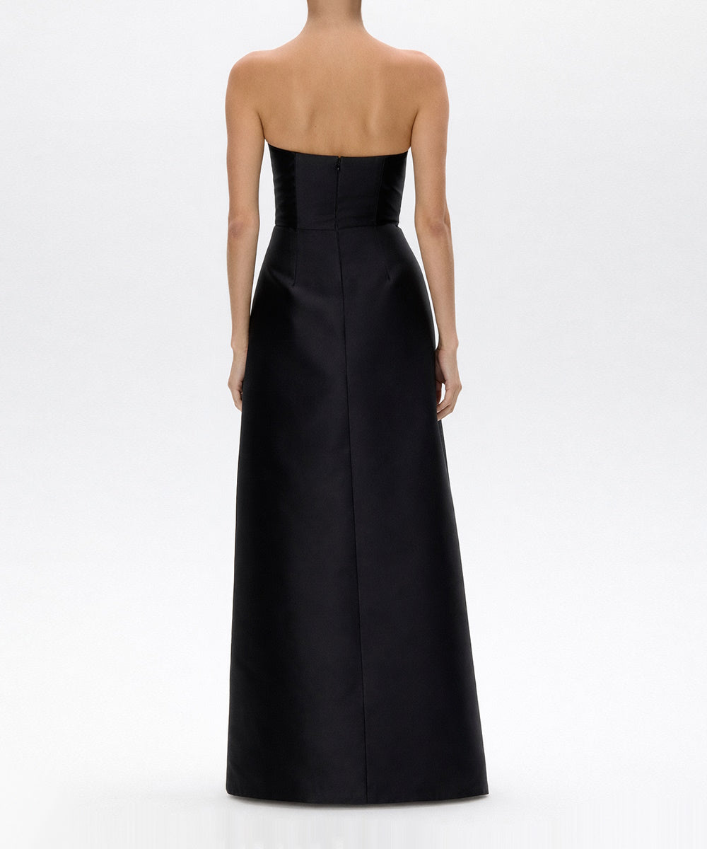 Black Strapless Satin Gown With Vertical White Bows