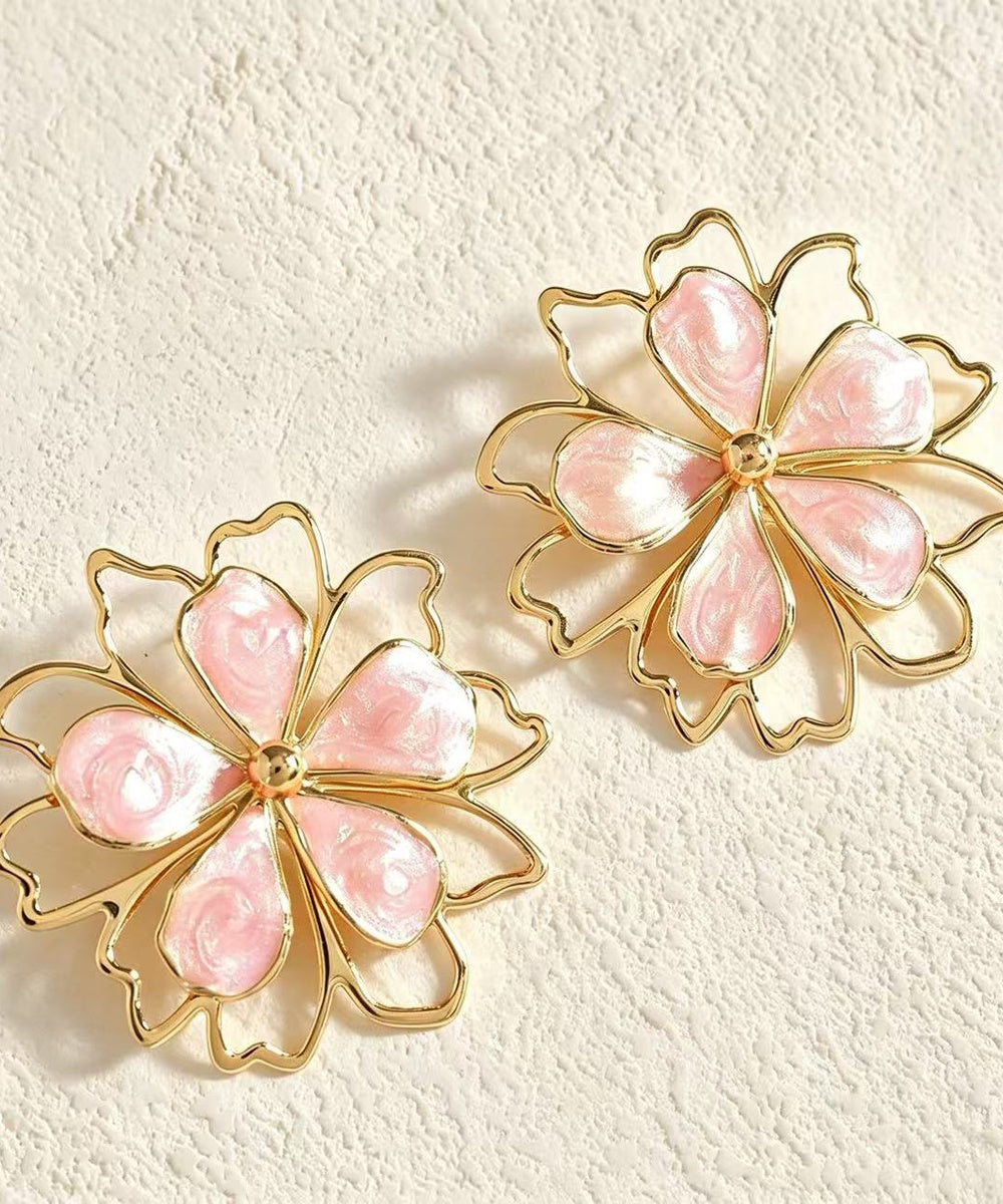 Two Layer Enamel Floral Gold Statement Stud Earrings Multi Pastel Colors