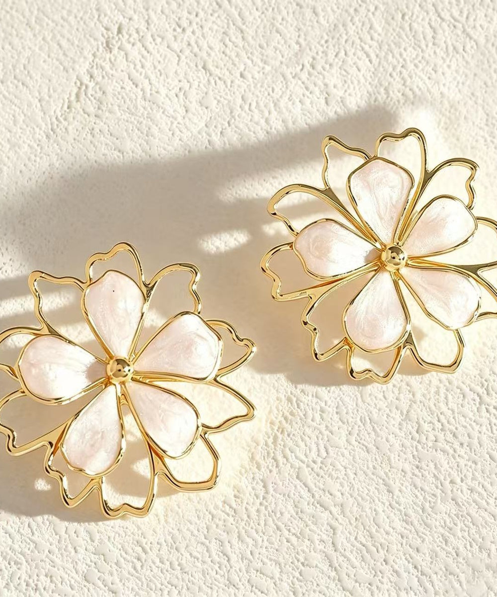 Two Layer Enamel Floral Gold Statement Stud Earrings Multi Pastel Colors
