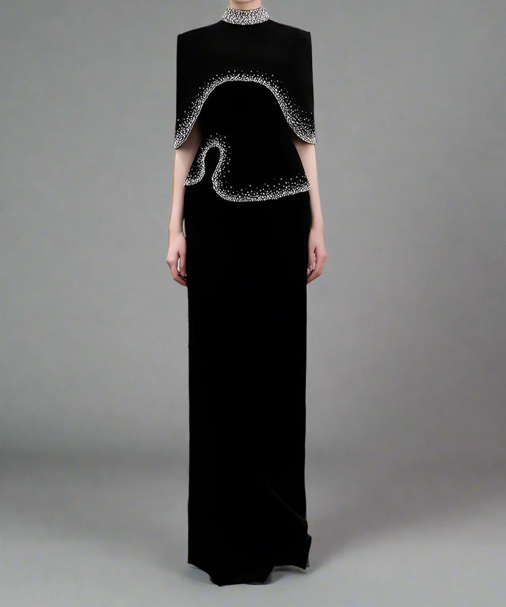Two Styles Black Velvet Gradient Rhinestone Column Evening Gown