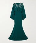 Emerald Green Cape Sleeve Floral Crystal Embellished Mermaid Maxi Evening Gown