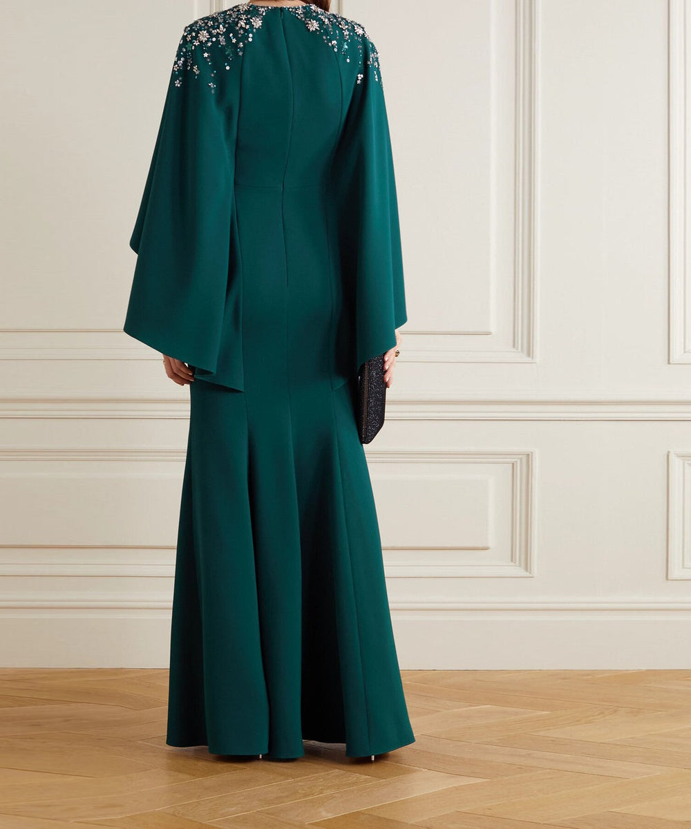 Emerald Green Cape Sleeve Floral Crystal Embellished Mermaid Maxi Evening Gown