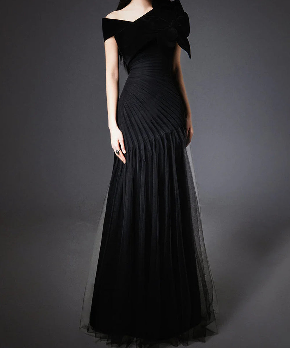 Black Off Shoulder Velvet 3D Flower Draped Pleated Tulle Maxi Evening Gown