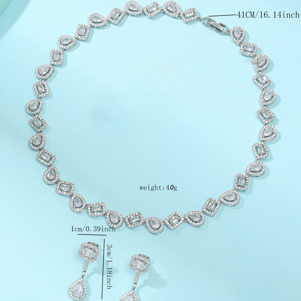 Halo Pear & Rectangle Cubic Zirconia Necklace Drop Earring Jewelry Set 2 Tones Silver Rose Gold