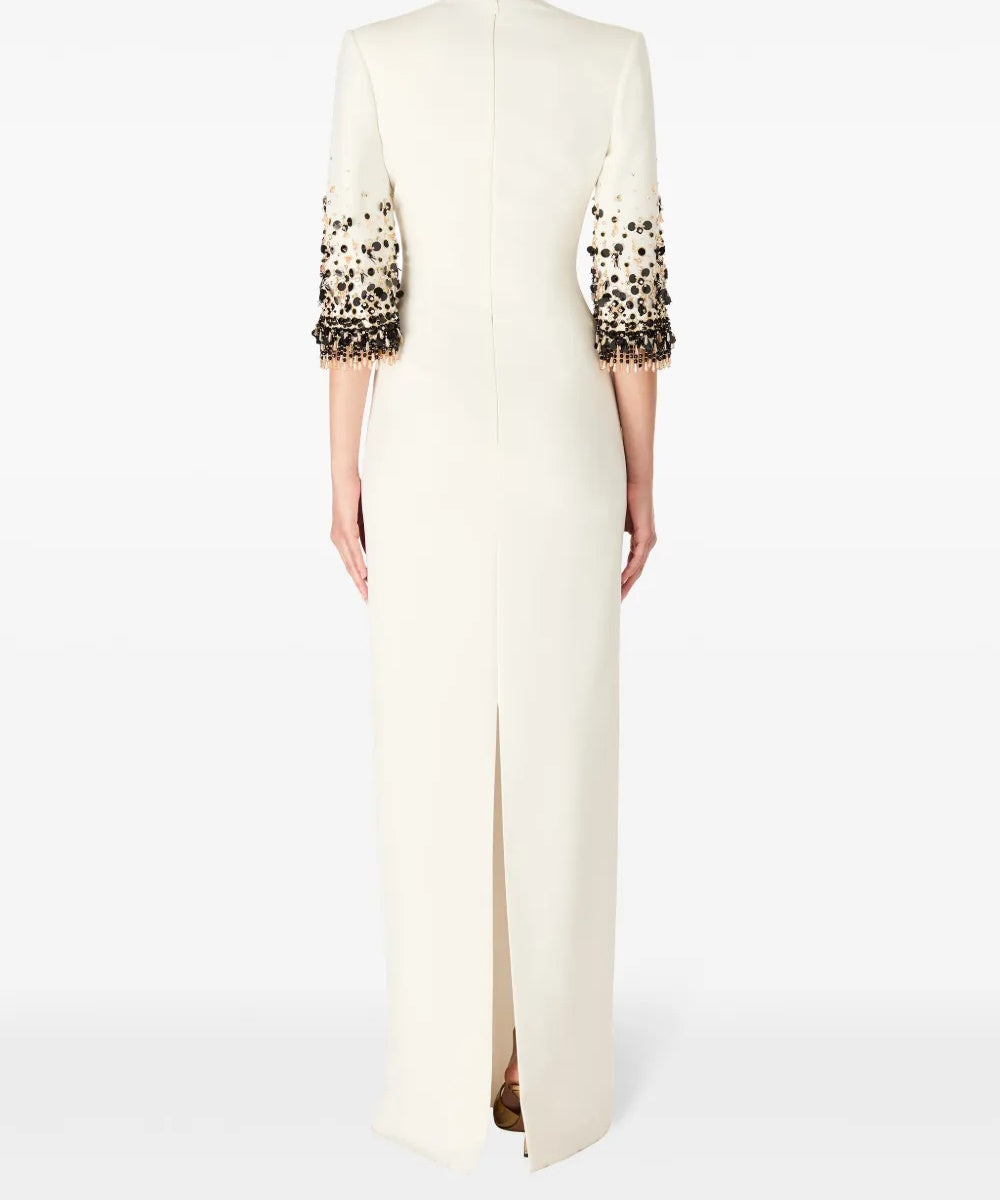 Cream Notched V Neck Gradient Beaded Tassel Cuff Three Quarter Sleeve Column Maxi Gown