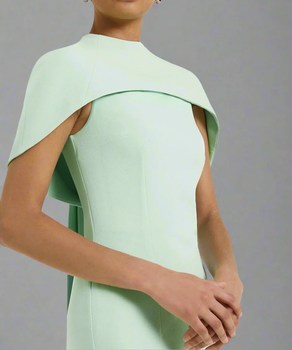 Mint Green Cape Collar Back Long Ribbon Slit Column Maxi Gown