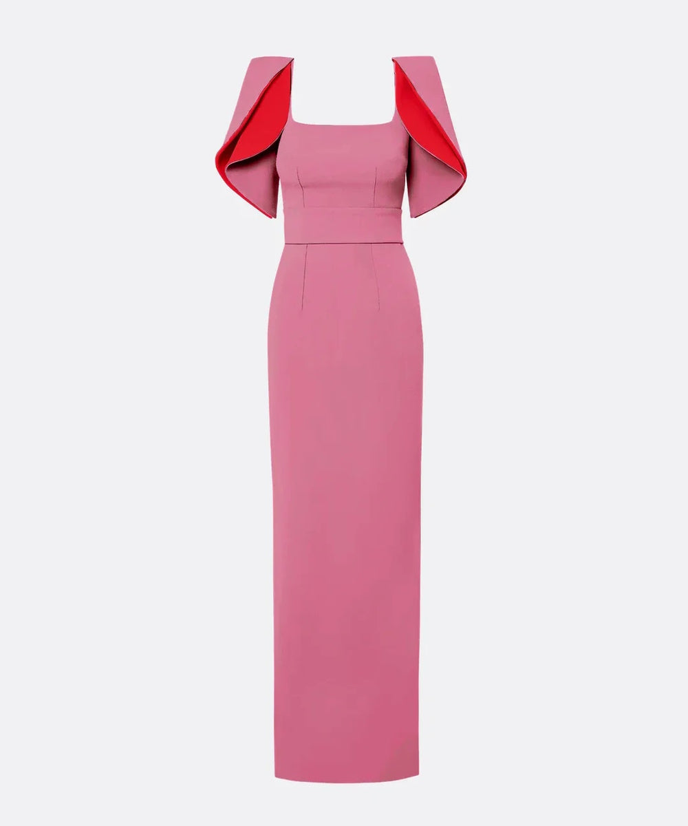 Square Neck Contrast Lining Cape Sleeve Wide Waistband Column Maxi Evening Gown