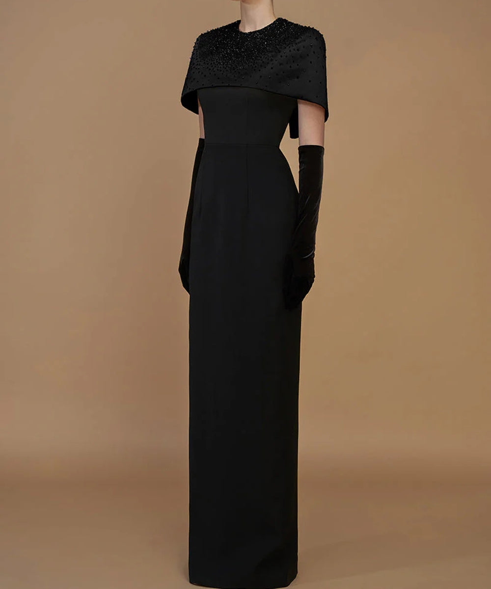Black Beaded Cape Overlay Slim Column Satin Evening Gown