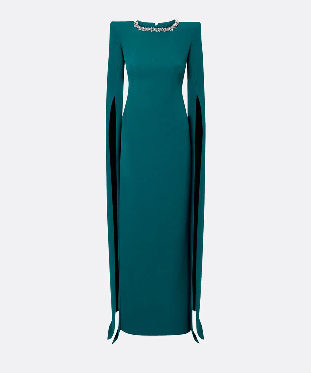 Teal Structured Shoulder Crystal Neck Split Sleeve Formal Maxi Dress