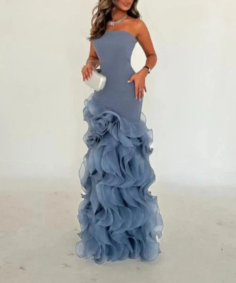 Dusty Blue Strapless Layered Ruffle Organza Mermaid Maxi Evening Gown
