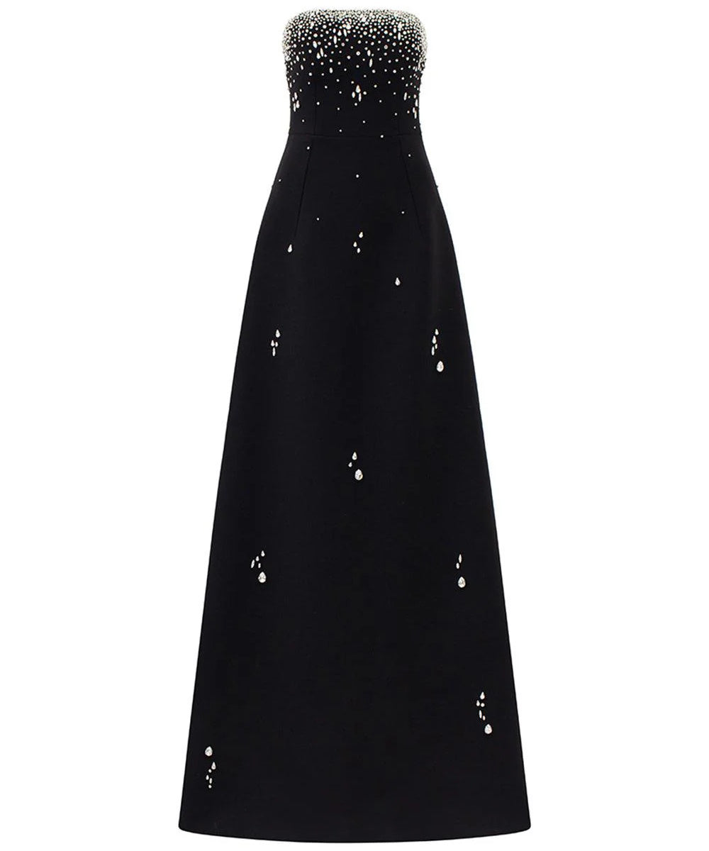 Strapless Scattered Crystal Embellished A-Line Maxi Evening Gown