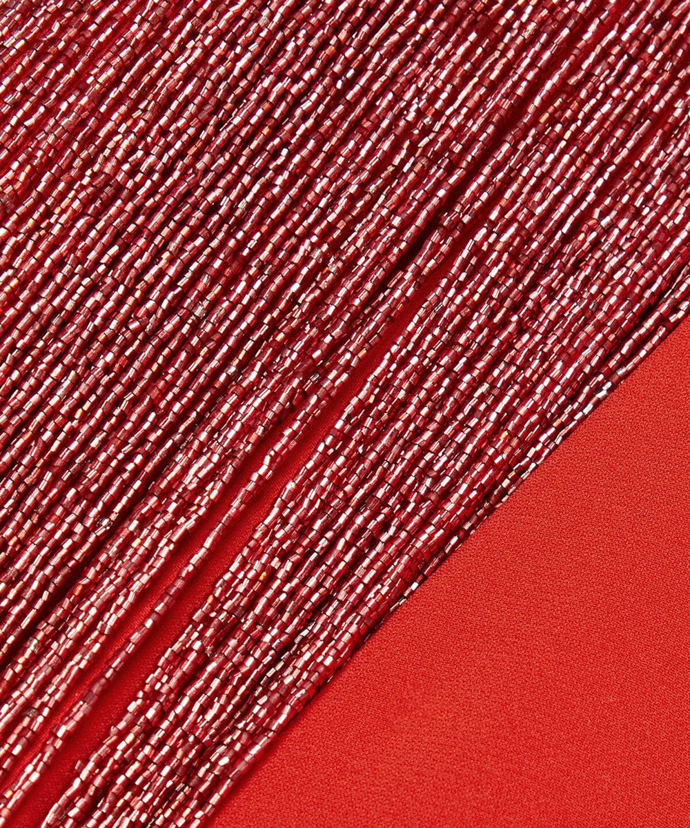 Red Crew Neck Long Sleeve Beaded Fringe Cuff Side Slit Column Maxi Evening Gown