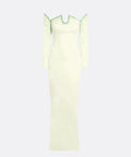 Pale Lime Off Shoulder Notch V Long Sleeve Green Crystal Column Maxi Gown