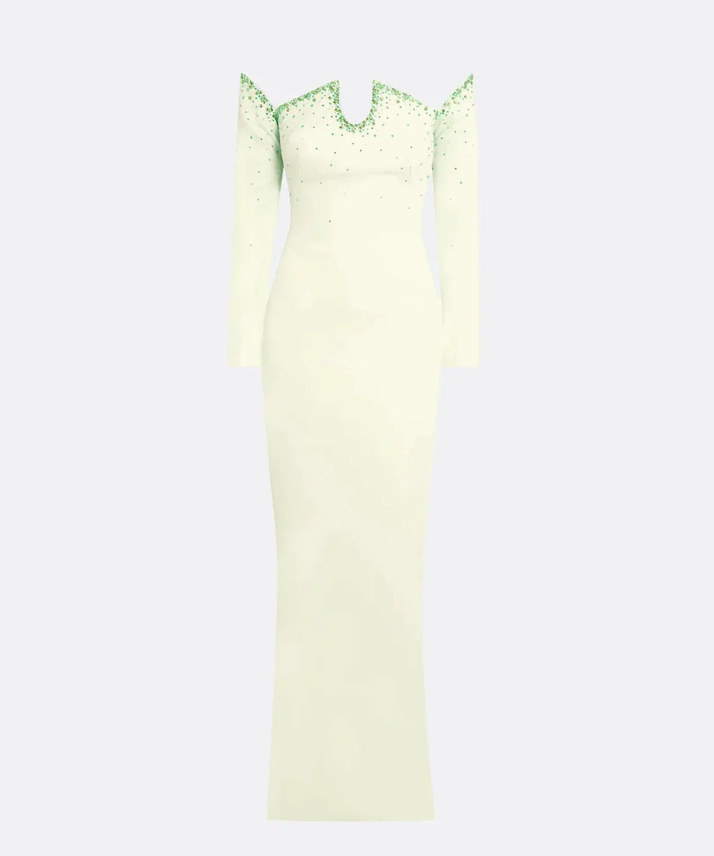 Pale Lime Off Shoulder Notch V Long Sleeve Green Crystal Column Maxi Gown