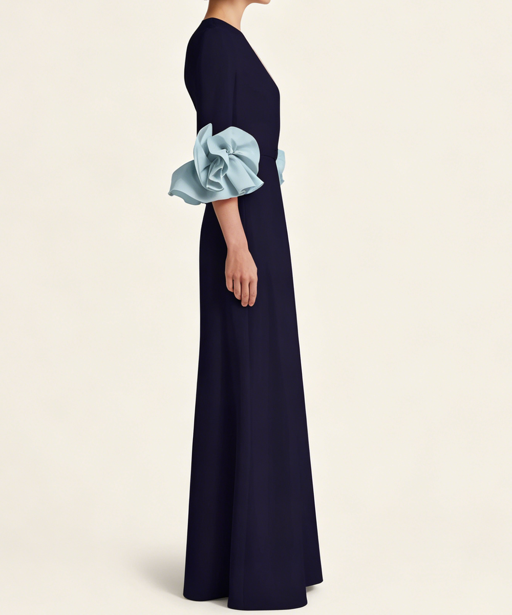 Navy Long Formal Dress With Sky Blue Contrast Cuffs