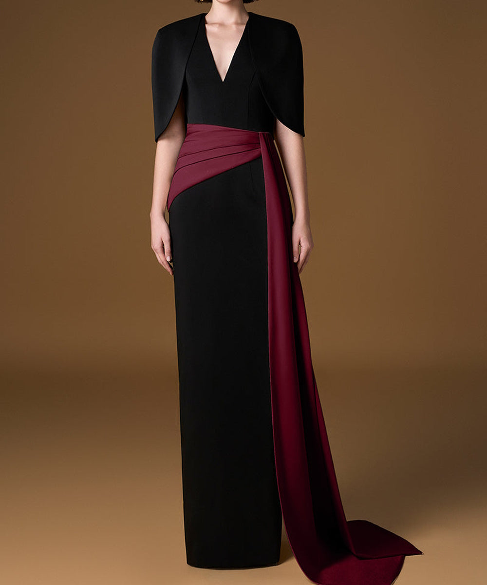 Black Cape Sleeve V-Neck Gown with Burgundy Sash Train