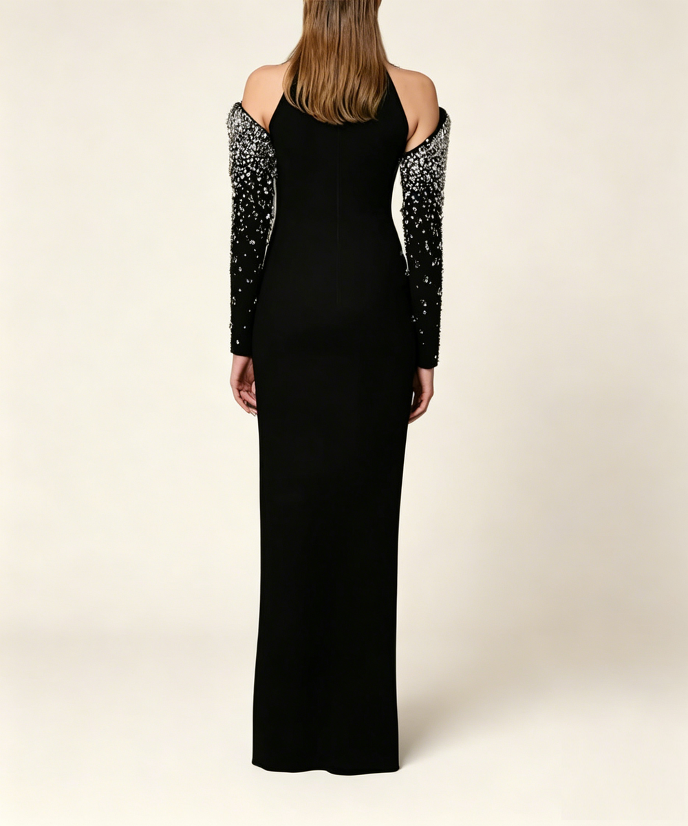 Black Off Shoulder Halter Crystal Beaded Slit Evening Maxi Dress